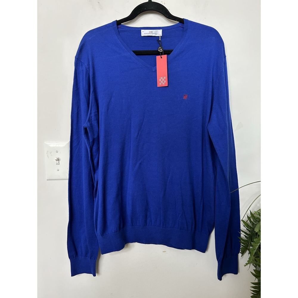 NWT CH Carolina Herrera Blue V Neck Cotton Luxury Knit Mens Sweater Size XL